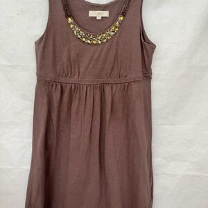 LOFT Brown Sleeveless Jewel-Neck Knit Dress with Embellishment